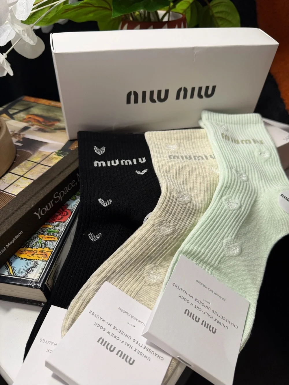 Miu Miu Ribbed Casual Socks - Black, Cream & Mint (3-Pack)